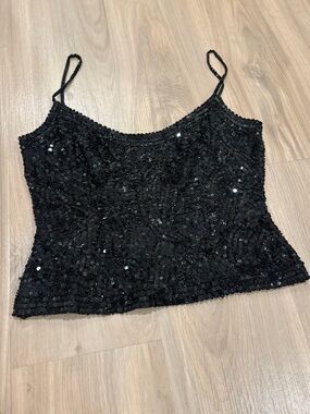 Vintage Oleg Cassini Black Sequin Spaghetti Strap Camisole
